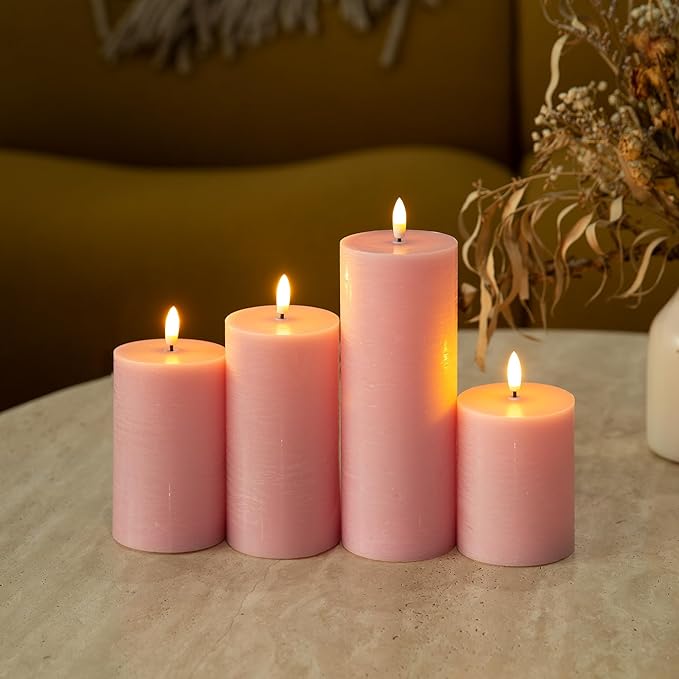 Flameless Candles, 4 Pack Battery Operated Candles with Remote, Real Wax LED Fake Candles with Timer Flickering for Christmas Wedding Home Party D3 H 5" 6" 7" 9" Pink