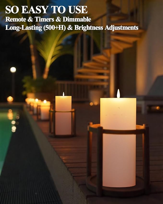 4"x8" Outdoor Waterproof Flameless Candles with Remote and Timers, LED Candles, Battery Operated Candles, Electric Fake Pillar Candles for Patio, Porch, and Lanterns Decor (White, Plastic)