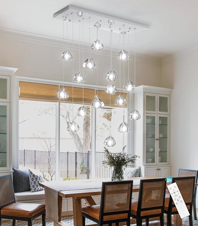 Crystal Rectangular LED Chandelier for Living Dining Room Light Dimmable High Ceiling Pendant Lights Fixtures Lighting Chandeliers for Foyer Entryway Lighting Polished Chrome