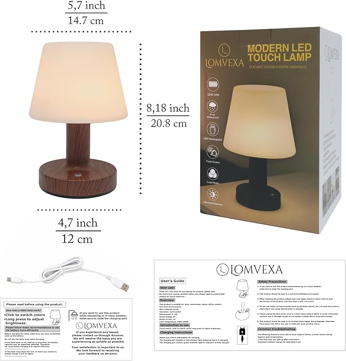Cordless Table Lamp, Rechargeable Table Lamp, Waterproof Shower Lamp, 5200mAh Small Table Lamps, 3-Color Dimmable Touch Light, Portable Outdoor and indoor table lamp, Bedside night light (Dark Wood)