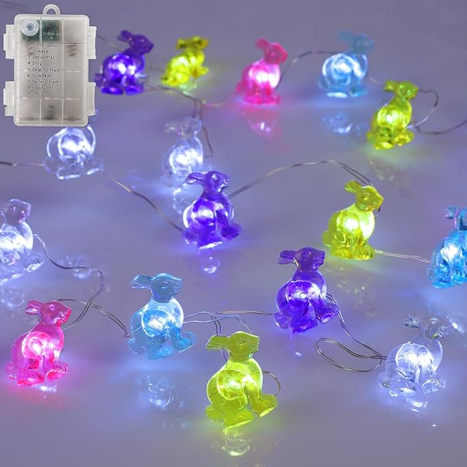 WATERGLIDE 1 Pack Easter Decorative Lights, 16FT 50LED Colorful Bunny String Fairy Lights, Battery Operated Rabbit Shaped Lights, 8 Modes & Timer, Waterproof Indoor Outdoor for Easter Party Home