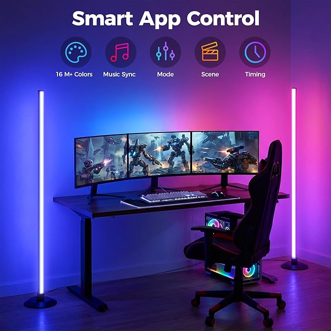 ICRGB Corner Floor Lamp, 2 Pack Smart LED Floor Lamps with App & Remote Control, Music Sync, 16 Million Colors, Auto Timer, Modern Ambient Standing Light for Gaming Room, Living Room, Bedroom