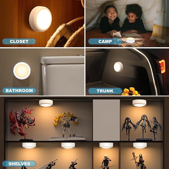 Battery Operated Puck Litghts with Remote Warm Natual Cool White Three Color Wireless Under Cabinet Lighting Push Lights Stick On Tap Lights with Dimmer & Timmer for Bedroom, Closet
