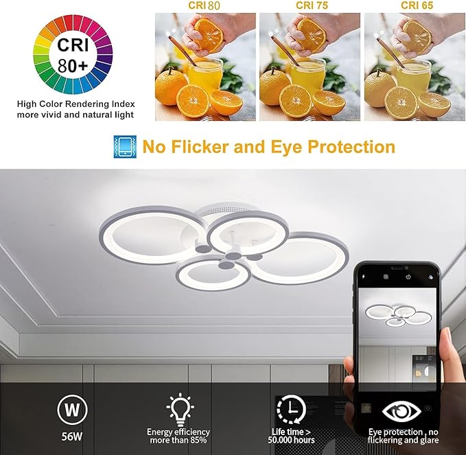 Ganeed Dimmable Modern Ceiling Light,Metal Acrylic LED Flush Mount Ceiling Light Fixtures,56W LED Chandelier Light Fixture for Living Room Kitchen Bedroom Dinner Room,3000-6500K
