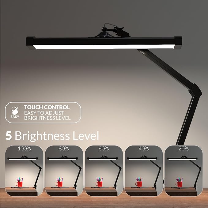 Ultra Bright 2300 Lumens Professional Eye Care LED Desk Lamp - Adjustable Brightness, Dimmable Modern Task Light with Clamp for Home Office, Beauty, Crafting, Workbench (Daylight, Dimming, Black)