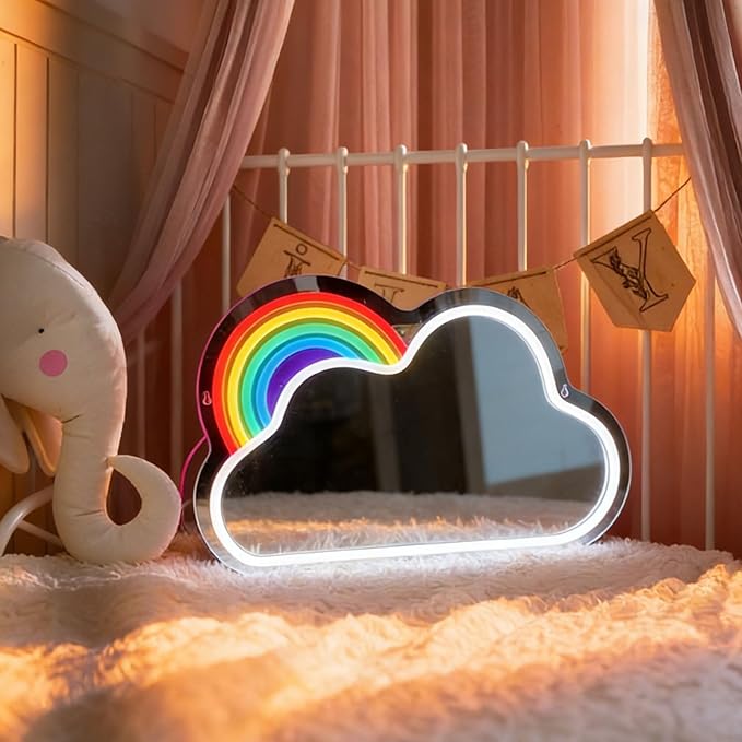 Cloud Rainbow Mirror with Light Neon Signs for Wall Decor，Makeup Mirror neon Sign Teen Girl Bedroom Becor for Birthday Christmas Halloween Thanksgiving