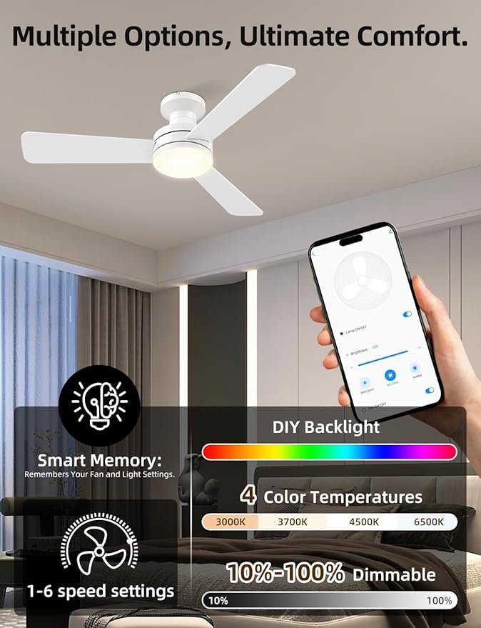 42" RGB Ceiling Fan with Light, Music Sync Smart Fan with Alexa/Google/App Control, Low Profile Flush Mount, 6-Speed Quiet DC Motor, 4 CCT Dimmable Lighting for Bedroom Living Room, White
