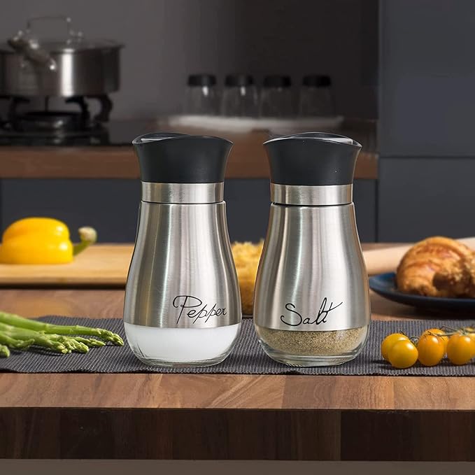 Lonffery Salt and Pepper Shakers Set, Salt Containers for Gifts, Kitchen Decor with Stainless Steel and Glass Bottle, Set of 2