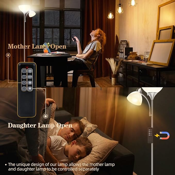 GERGO Floor Lamp, Remote Control with 4 Color Temperatures, LED Torchiere Floor Lamp with Adjustable Reading Lamp for Bedroom, Standing Lamps for Living Room, Bulb Included (Brushed Nickel)