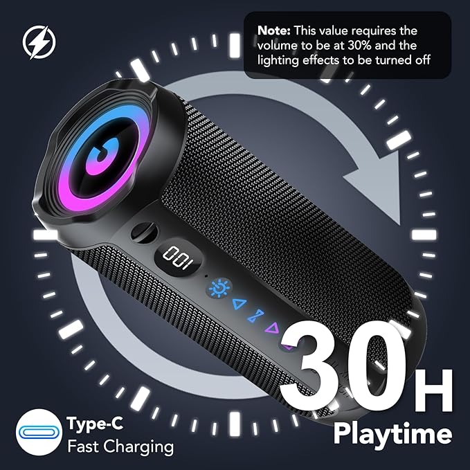 Portable Bluetooth Speaker, Bluetooth 5.4 Speaker,30W Dual Speaker with LED Display, Deep Bass, 30H Playtime, Colorful RGB Lights, IPX7 Waterproof,TWS pairing for Outdoor/Home/Party/Travel,Gift Ideas