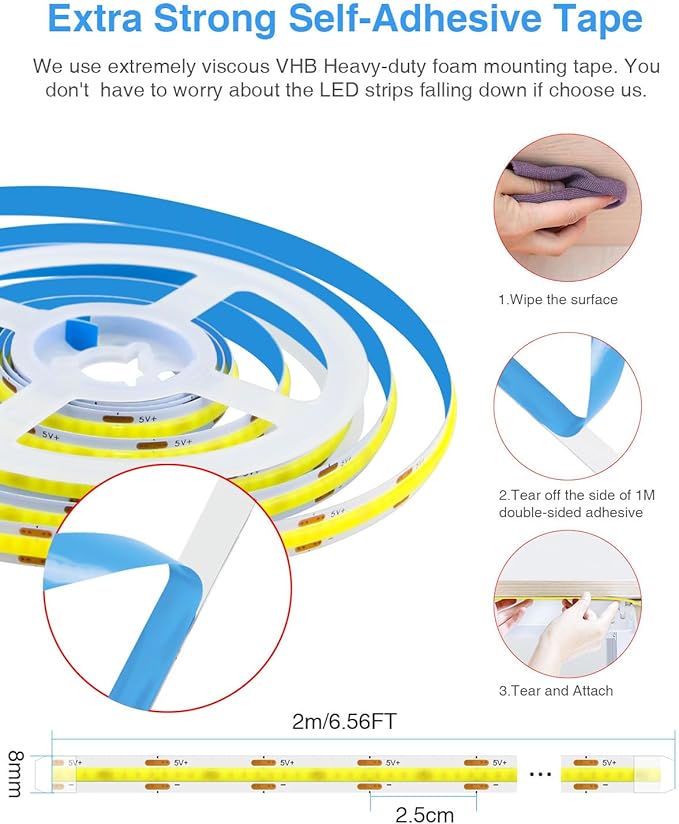 Aclorol 5V COB LED Strip Light White 6000K 6.56FT/2M 640LEDs Dimmable LED Flexible Tape Lights with Self-Adhesive for Bedroom Kitchen Cupboard Cabinet Mirror Staircase DIY Lighting Project (2 Pack)