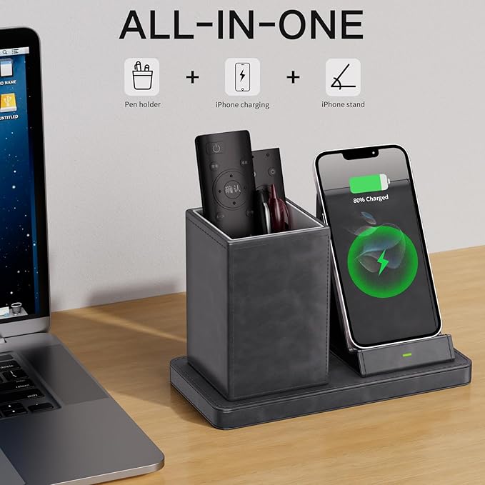 Multi-Functional Pencil Holder for Desk,Gray Vegan Leather Organizers with Remote Control Holder,Pencil Holder,Desk Organizer with Phone Wireless Charger for Office/Nightstand/Endtable