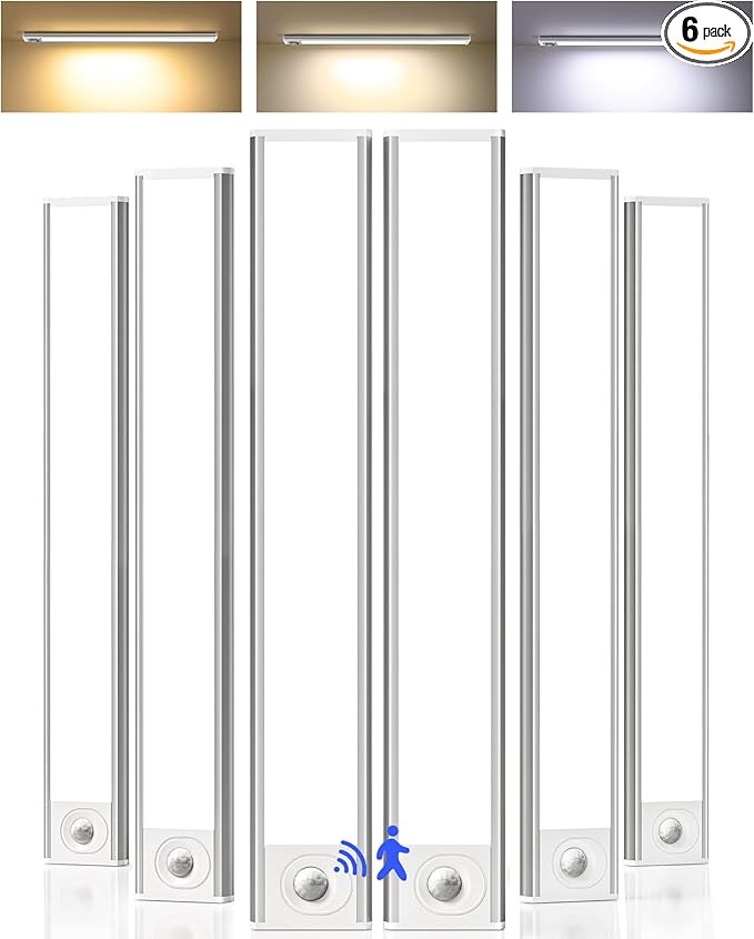 16inch Under Cabinet Lighting, 6Pack Rechargeable Motion Sensor Light Indoor, Magnetic Closet Lights with Dimmable & 3 Color Temps, Wireless Under Counter Lights for Kitchen, Stairs