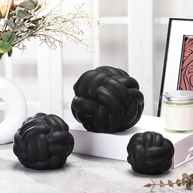 Wenqik Matte Black 3 Pcs Knot Decor, Chain Link Coffee Table Bookshelf Decor Accents, Entry Table Ceramic Aesthetic Minimalist Decorative Objects for Modern Home Living Room Decoration 3 Sizes