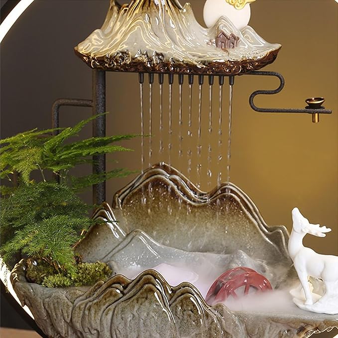 LED Halo Reflux I, Ceramic Zen Ornament with Rain Curtain Flowing Water Waterfall I Sitting, Suitable for Home Office Yoga Meditation Use