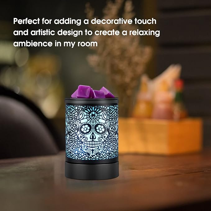 Fragrance Wax Melts Warmer with 7 Colors LED Changing Light Scent Oil Candle Warmer for Home Office-Skull Timer
