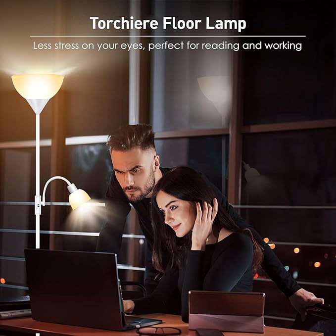 Torchiere Floor Lamps for Living Room, Standing Lamp, 71" Tall Pole Lamps with Adjustable Reading Light, 3-Way Rotary Switch, Plastic Shade, Bright Torch Corner Lamp for Bedroom, White(E26, No Bulb)