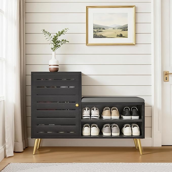 VECELO Shoe Storage Bench with Door&Shelf, Entryway Bench with Seat Cushion, for Hallway, Bedroom, Living Room, L-Shaped, Black