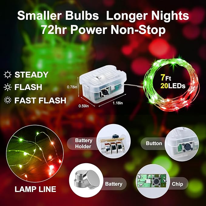 Aogist 50 Pack Fairy Lights 3 Modes 7ft 20 LED Waterproof,Battery Operated Silver Wire Firefly Starry Moon Mini String Lights for Mason Jars Christmas DIY Crafts Wedding Party Bedroom,Red&Green