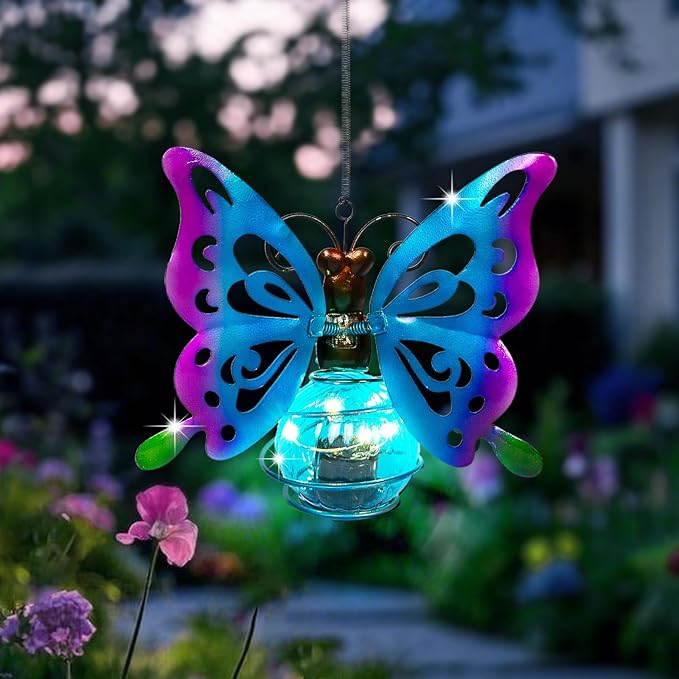 Solar Hanging Butterfly Lights LED Outdoor Garden Decor Light Waterproof Powered Unique Decorations for Sister Birthday Gardening Gifts for Mom Women Front Porch Balcony Backyard Yard Path