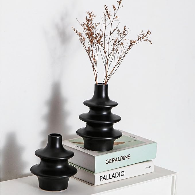 Modern Ceramic Vase Set, Small Matte Black Vases for Home Decor, Minimalist Vase for Entryway, Living Room Decoration, Table Centerpieces
