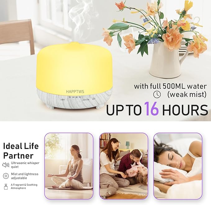 HAPPTWS 500ml Essential Oil Diffuser - Cold Mist humidifier with 4 timers and 7 Color Settings, no Water auto Shut Off, with Remote Control, Suitable for Room/Yoga Room/Office (White)