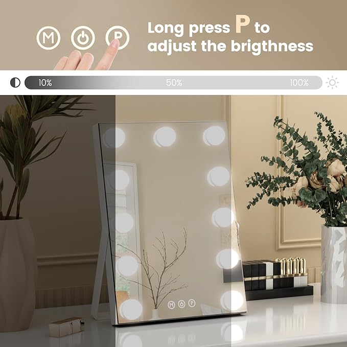 Hollywood Vanity Mirror, 11"x 14" Hollywood Lighted Makeup Mirror with Detachable 10X Magnification & 11Dimmable 3 Colors Modes LED Bulbs, Touch Control,Type-C Charging Port, White
