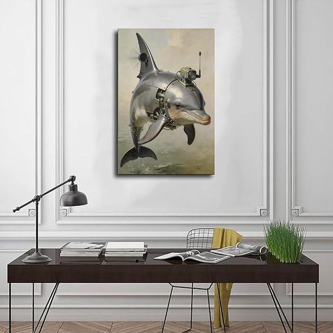 Framed Steampunk Mechanical Dolphin Wall Art - Marine Retro-Futuristic Poster for Beach House Living Room Decor 20x30inch(50x75cm)