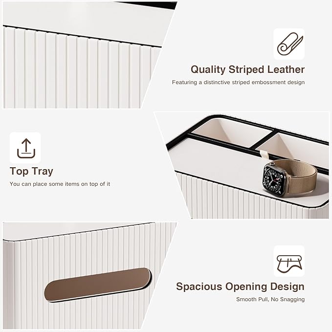 KINGFOM Leather Tissue Box Cover with Storage Tray, Decorative Tissue Box Holder Organizer for Office Desk, Bedroom & Nightstand, Remote Control Holder for Perfume, Watch, Glasses, Pens (Ivory White)