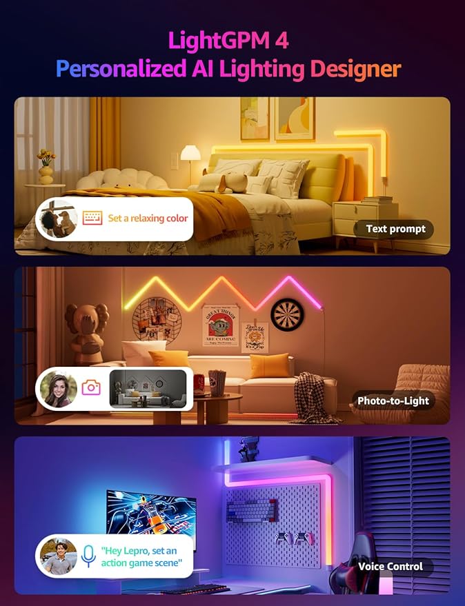 Lepro WL1 AI Smart RGB Wall Lights with LightBeats Music Sync, Personalized AI Lighting Designer, Voice Control Via App, Wi-Fi & Bluetooth LED Light Bars, 8 Pcs with 4 Corners