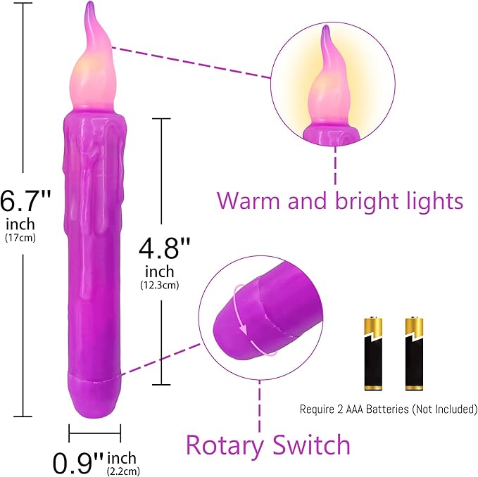 Magical Candlesticks Flameless Taper Candle, 4pcs Real Wax LED Tapered Candles Remote Dipped Candle 6inches Battery Chandelier for Enchanting Weddings Harry Potter Inspired Vigils (Purple)