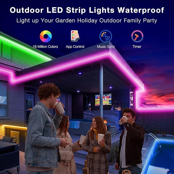DAYBETTER 100ft Outdoor LED Strip Lights, Waterproof, IP67 Outdoor LED Lights with Remote, Bluetooth APP Control, Color Changing LED Rope Lights for Bedroom, Bathroom, Roof, Balcony, Pool