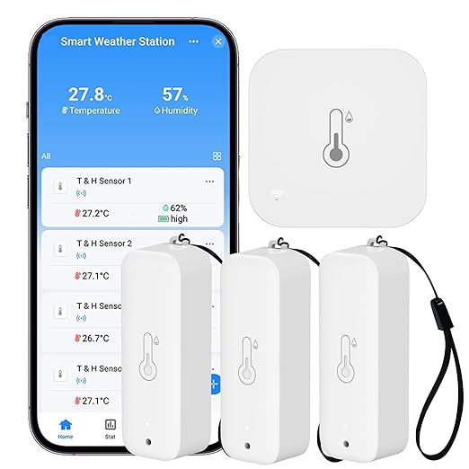 WiFi Hygrometer Thermometer Indoor Outdoor: Smart Temperature and Humidity Sensor with App Notification and Data Storage, 150m Range, Compatible with Alexa, 3 Sensors +1 Base Station