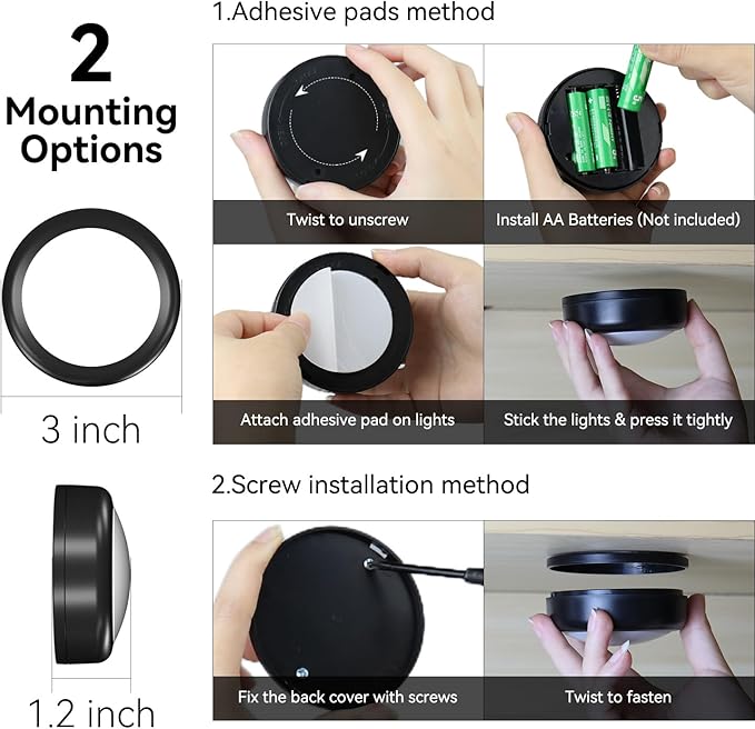 LED Puck Lights with Remote, 13-Color Under Cabinet Lighting Wireless, Battery Operated Stick-On Lights, Dimmable Push Light for Closet/Shelf/Wall (Black-3 Pack)