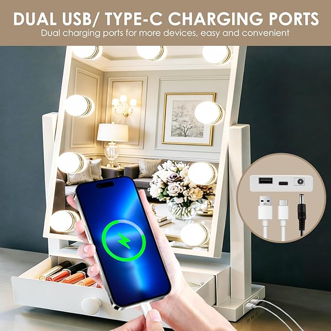 Vanity Mirror with Lights with Drawer,USB Charging Port, Hollywood Makeup Mirror with 9 Dimmable Bulbs,3 Color Lighting Modes, Detachable 5X Magnification, Smart Touch Control Gifts for Women