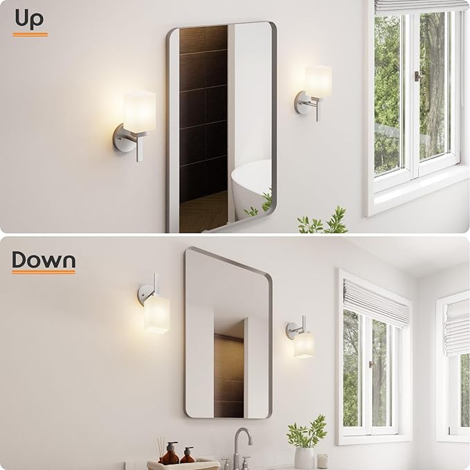Bathroom Light Fixtures Brushed Nickel Vanity Light with White Frosted Glass Shade, Wall Lamps for Mirror Kitchen Bedroom Porch, 2 Pack T002BR-L1-P2