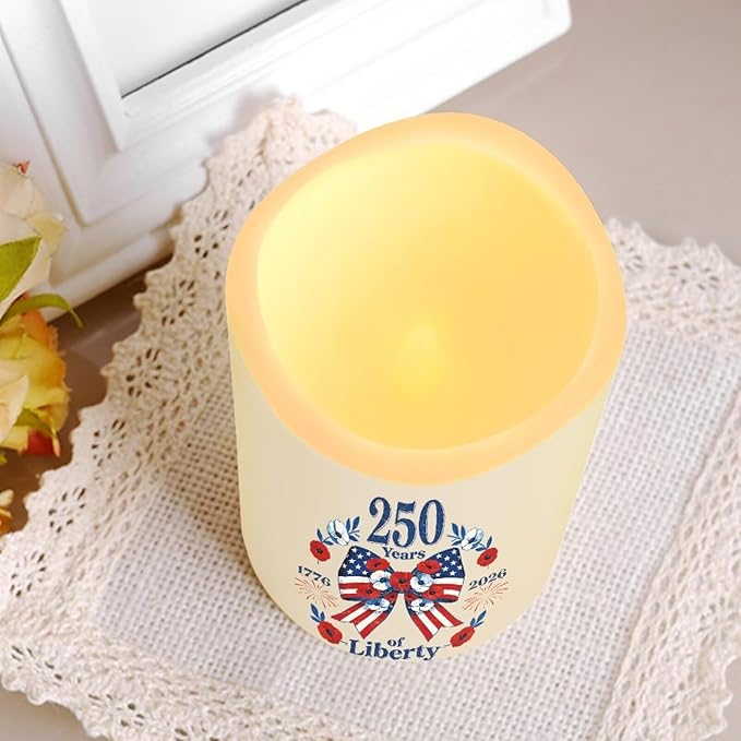 250 Years of Liberty Electric Flameless Candles Bow Flowers LED Battery Operated Remote 250th Anniversary Fourth of July Lamp Patriotic Decor for Home Patio Celebration Set of 4