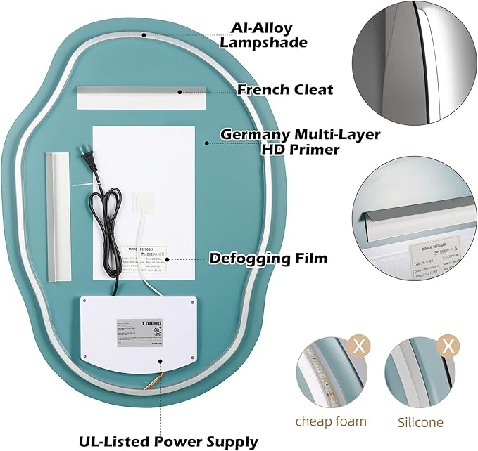 LED Bathroom Mirror with Lights 25x35, Dimmable Irregular Backlit Vanity Mirror with 3 Colors, Anti-Fog, Memory, Al-Alloy Lampshade, Frameless Smart Mirror for Bathroom (Horizontal/Vertical)