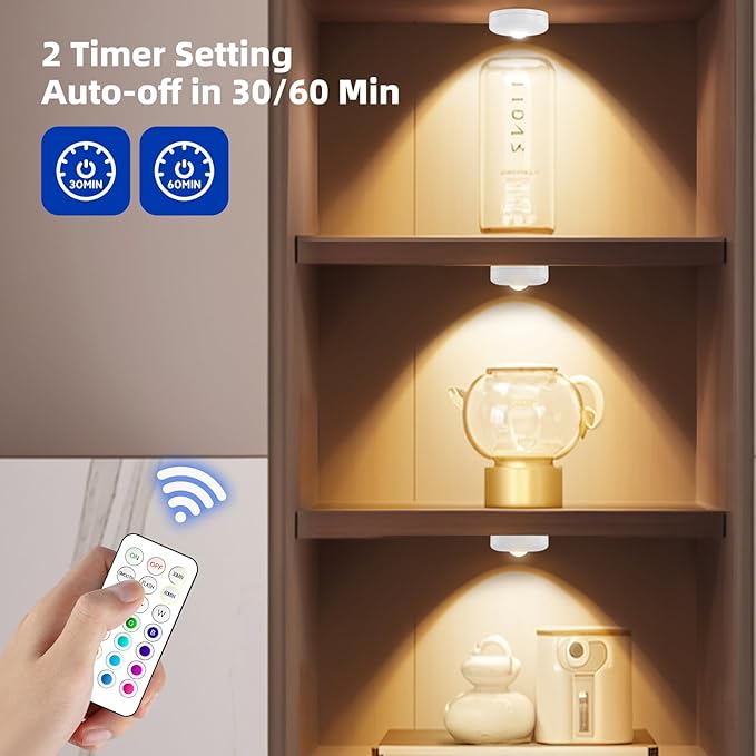 LED Puck Lights with Remote Control, 13 Colors Battery Operated Tap Lights, Dimmer& Timer Under Cabinet Light, Wireless Stick on Light for Closet, Bedroom, Kitchen White 6Pcs