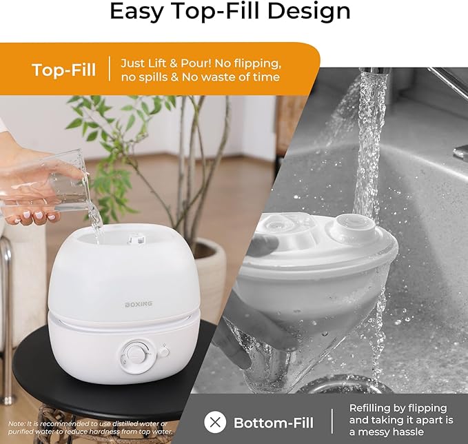 BOXING 3L Cool Mist Humidifier, Ultra Quiet 20dB for Bedroom, Baby & Office, Top Fill Air Humidifier for Home Office & Indoor Plants, 30H Runtime, Essential Oil Tray, Night Light, BPA-Free, White