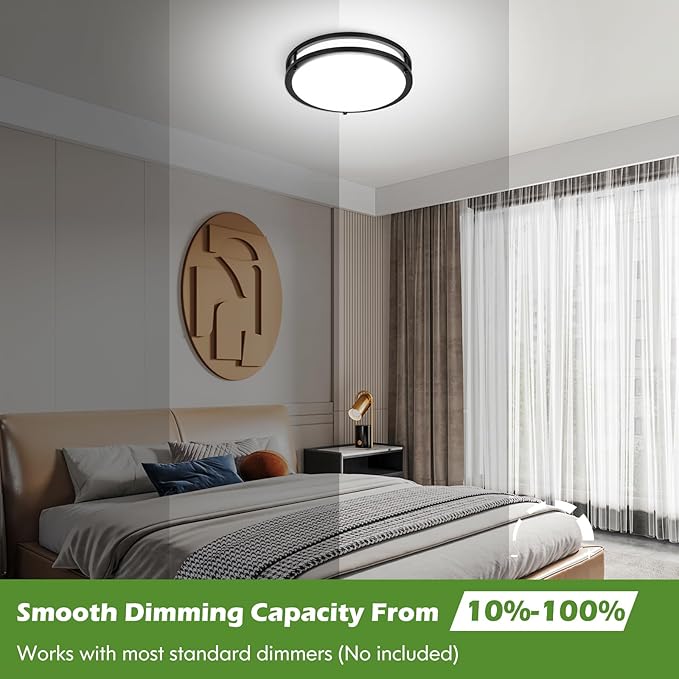 GoBright 13 inch Dimmable LED Ceiling Light Fixture, 36W Super Bright 3600 Lumens Black Flush Mount Light Fixture, 2700K-6500K Adjustable Ceiling Lights for Bedroom, Kitchen, Bathroom, 1-Pack