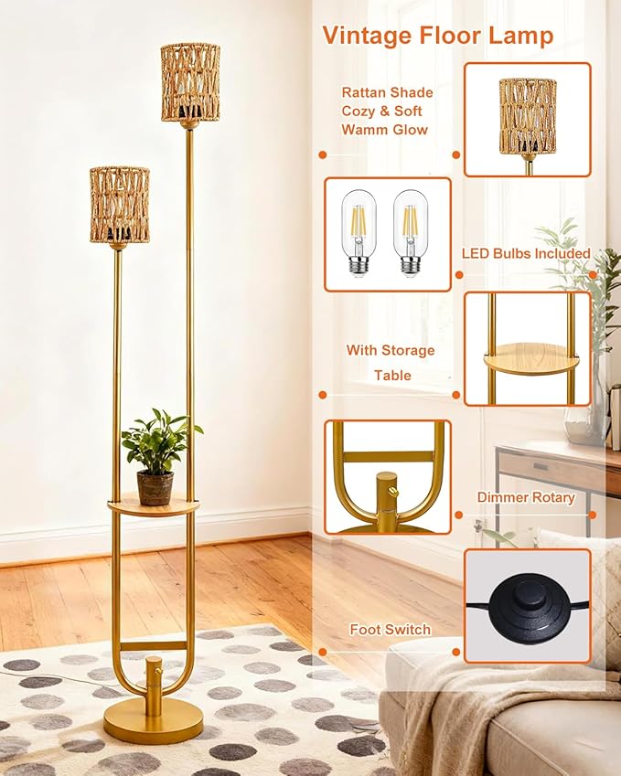 Lightdot 63IN Gold Floor Lamp with Table& Rattan Shades Mid Century Standing Lamps with Warm White Bulbs Included, Unique Vintage Tall Floor Lamp for Living Room/Wedding/Party/Sofa Beside/Corner Decor