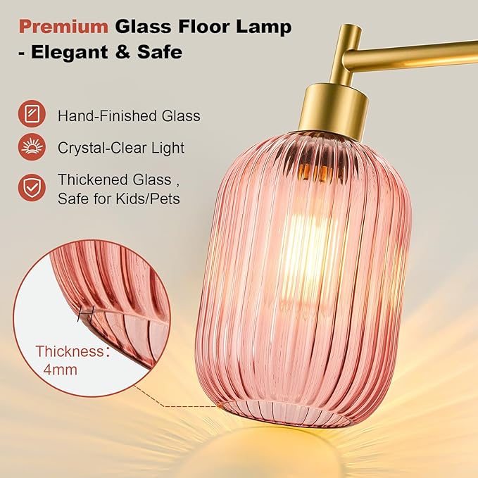 【Upgraded】 Dimmable Glass Floor Lamp for Living Room, Modern Gold Standing Lamp with Pink Ribbed Glass Lampshade & Knob Dimmer, Arc Tall Lamp for Bedroom Office Reading Room, 2700K Led Bulb Included