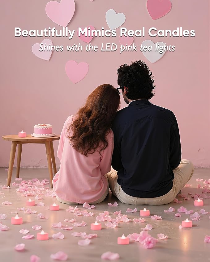 Amagic 30 Pcs Pink Flickering Flameless Tea Lights Battery Operated, 200+ Hours Long Lasting Colored Candle for Wedding, Table Centerpiece, Theme Party, Aniversary, Proposal, Christmas, Pink Base