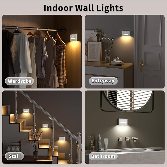 WOBSION Rechargeable Wireless Motion Sensor Stair Lights, Stick-On Wall Light with Dual Independent Lights, 3 Color Temperatures & Dimmable for Stairs,Hallway,Closet,Cabinet,Bedroom,White