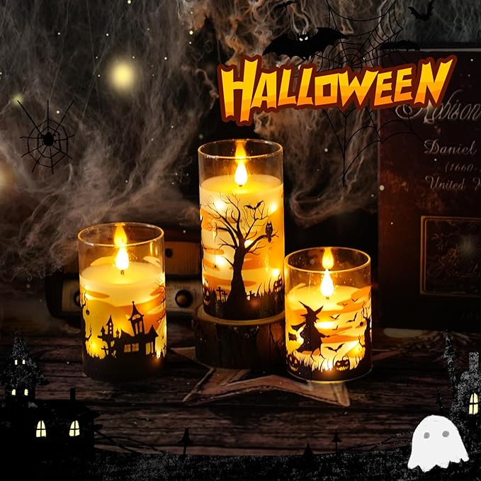 Flameless Candles Real Wax Realistic Halloween Candles with Glass Shell, Battery Operated LED Pillar Candle with Remote Timer, Ideal for Halloween Home Decor（D 3"*H 4" 5" 6" ）
