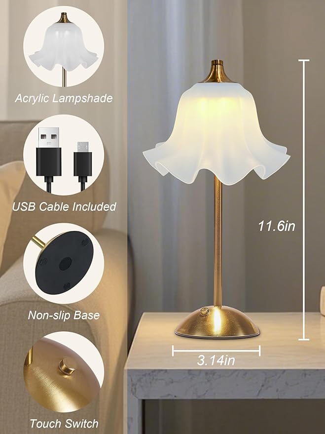 Cordless Table Lamp,Small Desk Lamp with 3 Color,Dimmable LED Reading Light,Touch Lamps for Nightstand,Vintage Flower Lamp for Bedroom Living Room Office Decor