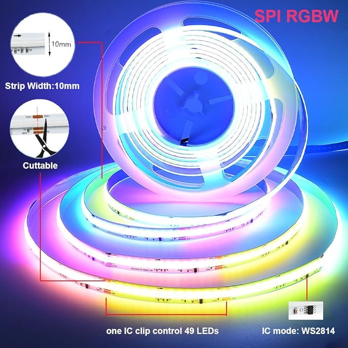 Addressable COB RGB+IC Led Strip Lights 24V, 10mm Width RGBW Multicolor COB Led Light Strip with Remote, APP Control, Music Sync, 784 LEDs/m,16.4FT Flexible Smart WiFi LED for Bedroom, TV Light