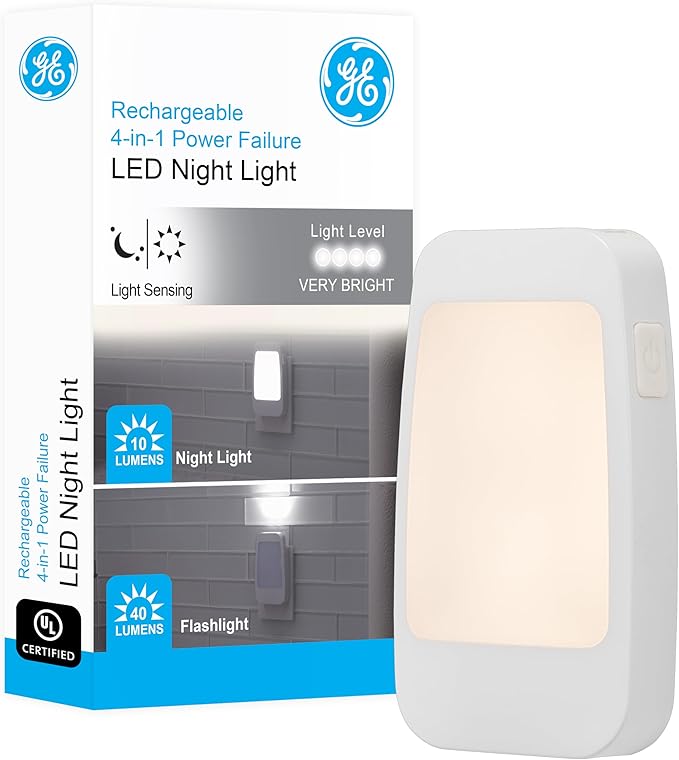 GE 4-in-1 LED Power Failure Night Light, Dusk-to-Dawn Sensor, Foldable Plug, Portable, Flashlight, Ideal for Storm, Outage, Emergency, Blackout, Hurricane, Tornado, White, 29679