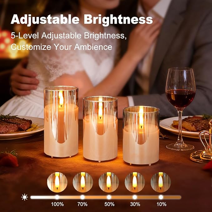 Rechargeable Flameless LED Gold Glass Candles–Luminous Real Wax Indoor Home Decor–Set of 3, Realistic Flickering LED Flame,Remote & Timer,Ideal for Living Room, Bedroom & Festival Décor